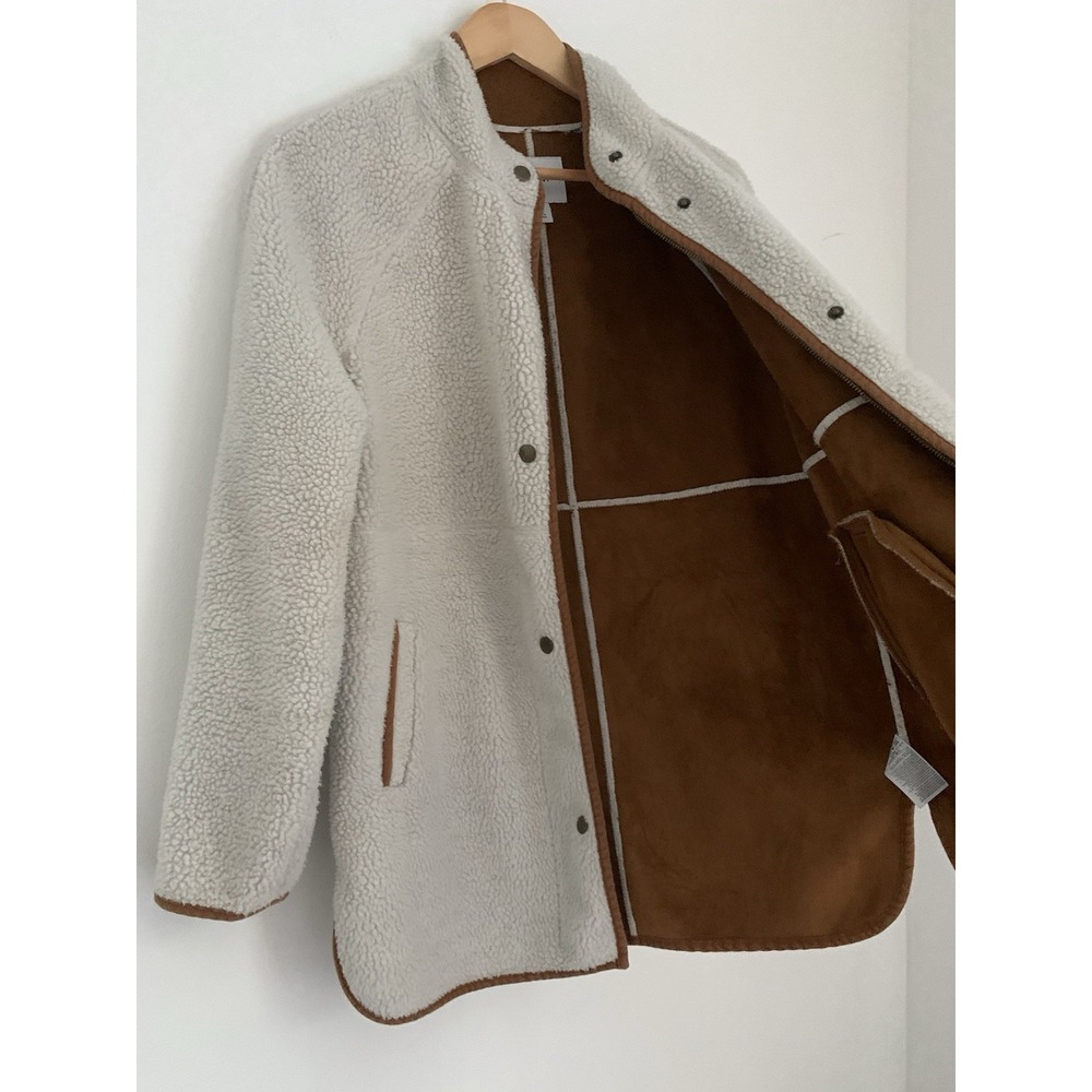 Old Navy Women Jacket Coat Sherpa Faux Suede Sz XS Oversized Ivory Tan Snaps - Picture 9 of 14